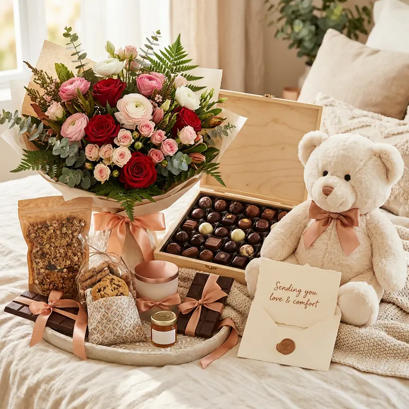 Sfeerbeeld van het Dokter Love Groot recept: royaal luxeboeket, uitgebreide chocola-selectie, comfort-snacks voor de hele avond