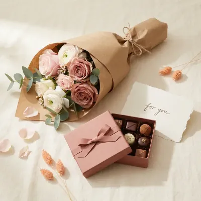 Sfeerbeeld van het Dokter Love Box €25: bijvoorbeeld een bosje bloemen met chocola; of een knuffel met iets lekkers