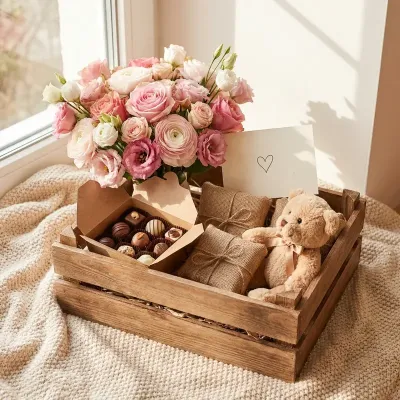 Sfeerbeeld van het Dokter Love Box €50: ruimte voor bloemen, chocola én een knuffel; of een taart met een boeket